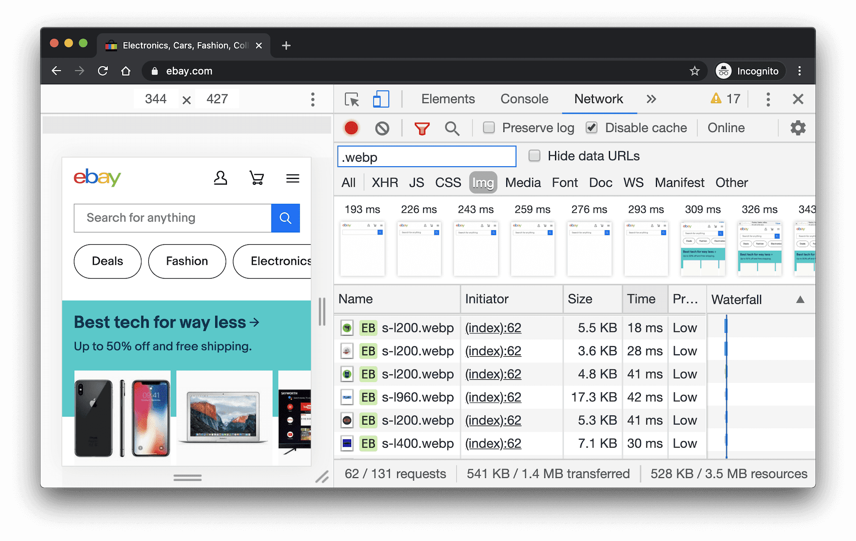 Screenshot panel jaringan DevTools yang difilter untuk menampilkan permintaan gambar WebP dari eBay.com