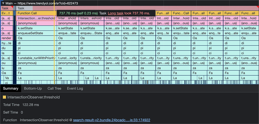 Uno screenshot di una sessione di profilazione delle prestazioni in Chrome DevTools per il PLP di Trendyol. L&#39;attività lunga indicata viene eseguita per 737, 6 millisecondi e fa parte di un callback di Intersection Observer.