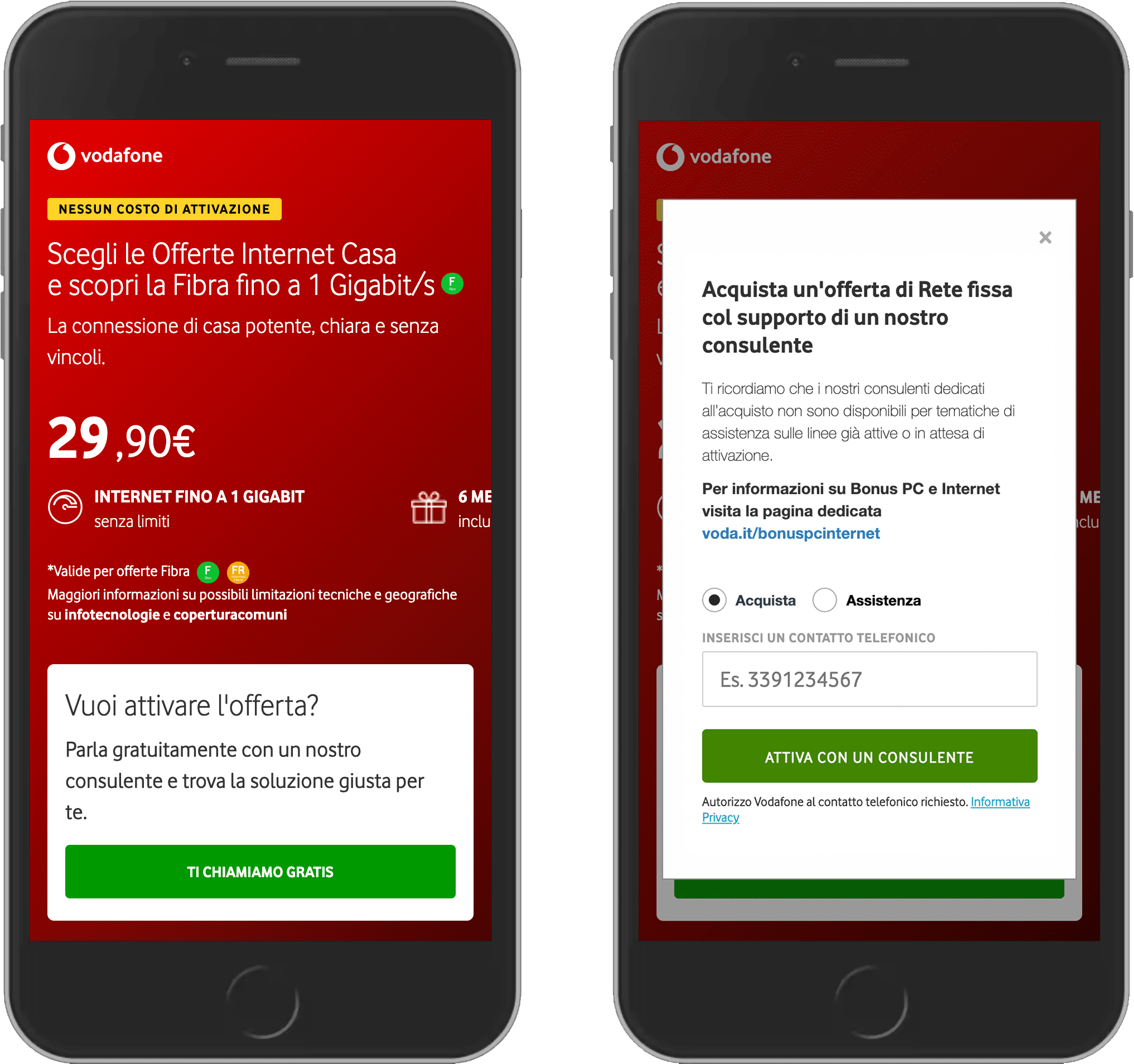 Vodafone की वेबसाइट के दो स्क्रीनशॉट.