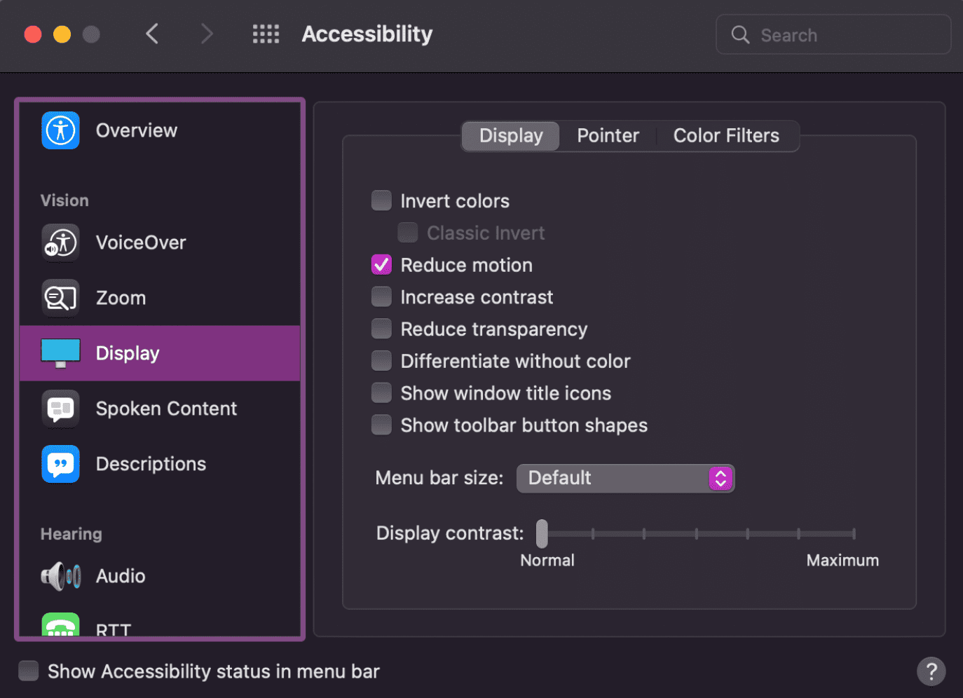 Interface utilisateur des paramètres d&#39;affichage de macOS, où l&#39;option &quot;Réduire les mouvements&quot; est activée.