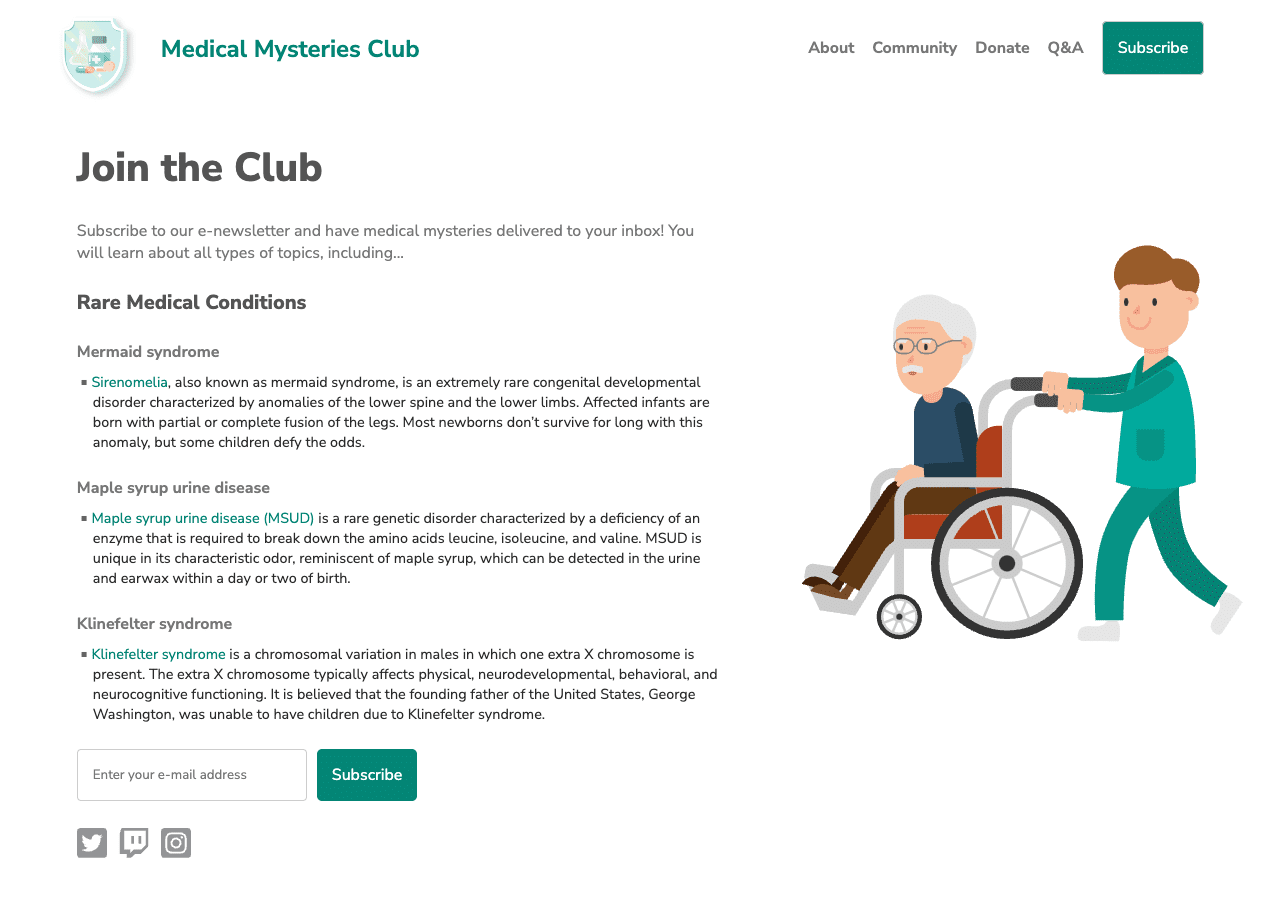 Medical Mysteries Club デモサイトのスクリーンショット。