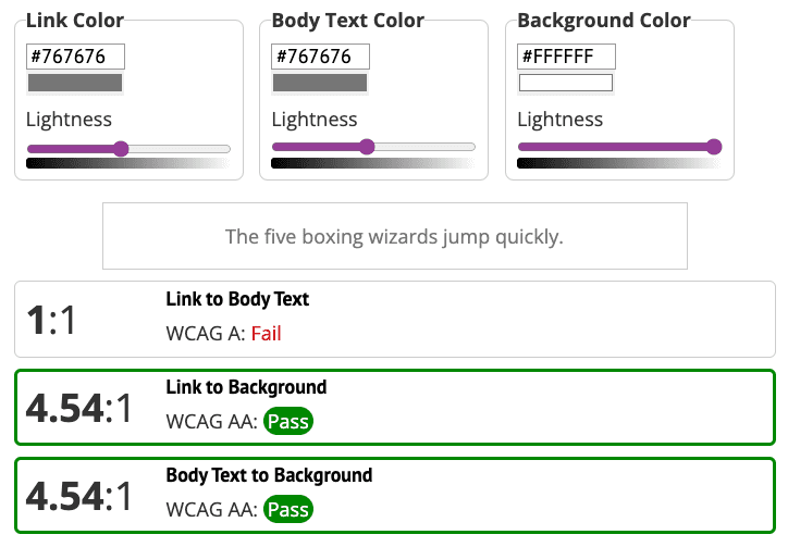 Screenshot WebAIM untuk teks link menunjukkan bahwa link ke teks isi gagal memenuhi level A WCAG.