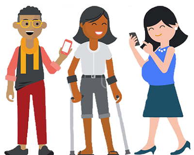 অস্থায়ী এবং পরিস্থিতিগত অক্ষমতার প্রতিনিধিত্বকারী তিন ব্যক্তি, যেমন একজন গর্ভবতী মহিলা এবং ক্রাচে একজন ব্যক্তি।