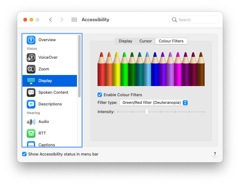 Opsi filter warna di preferensi sistem.
