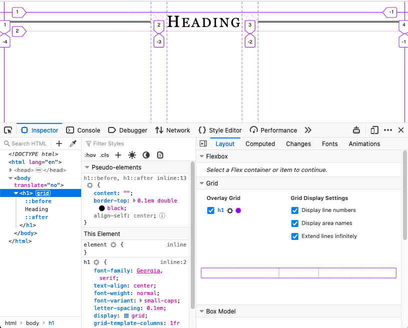 Firefox में डेवलपर टूल की इमेज, जिसमें ग्रिड ओवरले दिख रहा है.