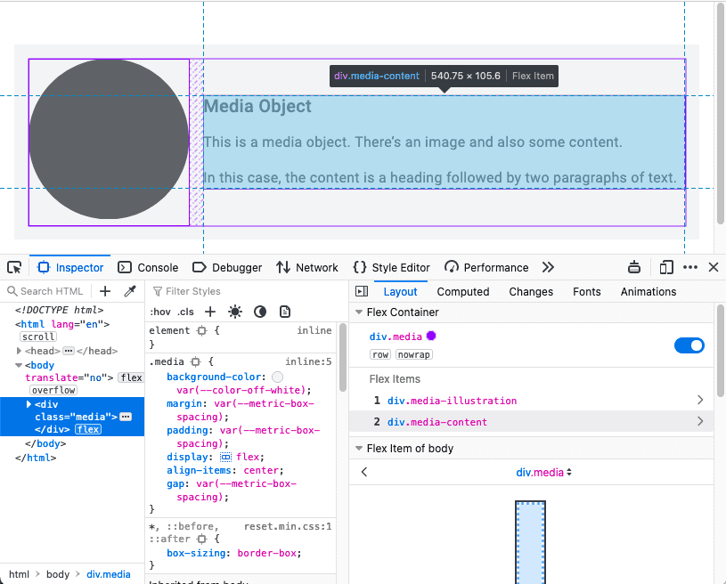 Narzędzia dla programistów w Firefoksie z nakładką Flexbox.