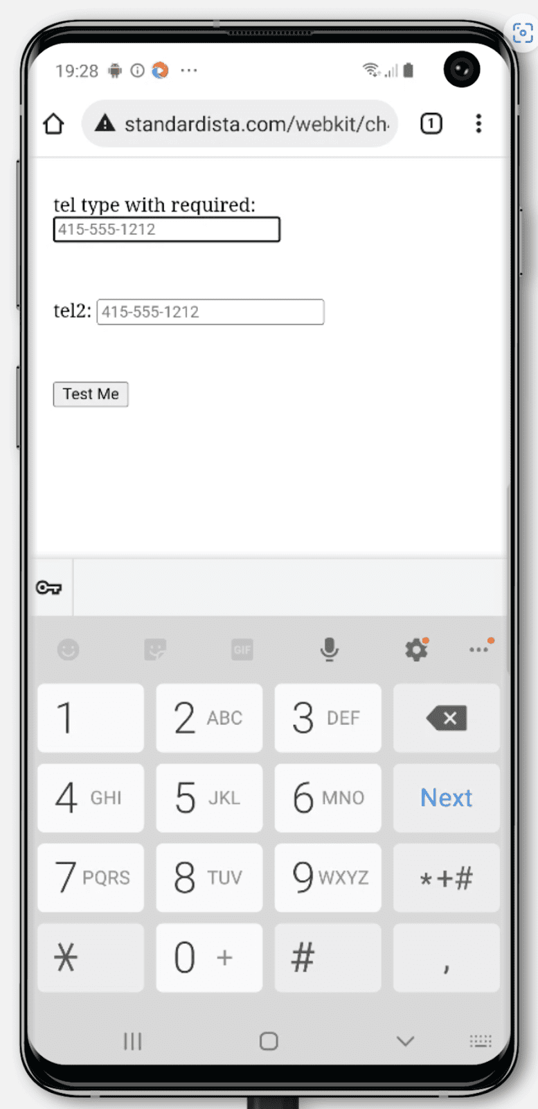 Klawiatura Androida z typem danych „tel”.