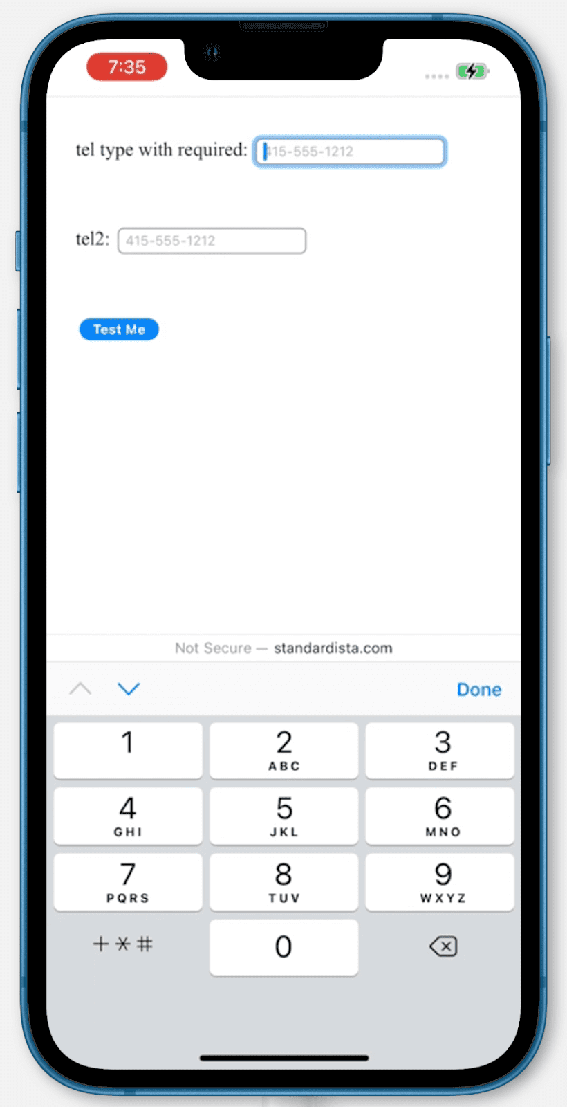 Keyboard iPhone menampilkan input type=tel.