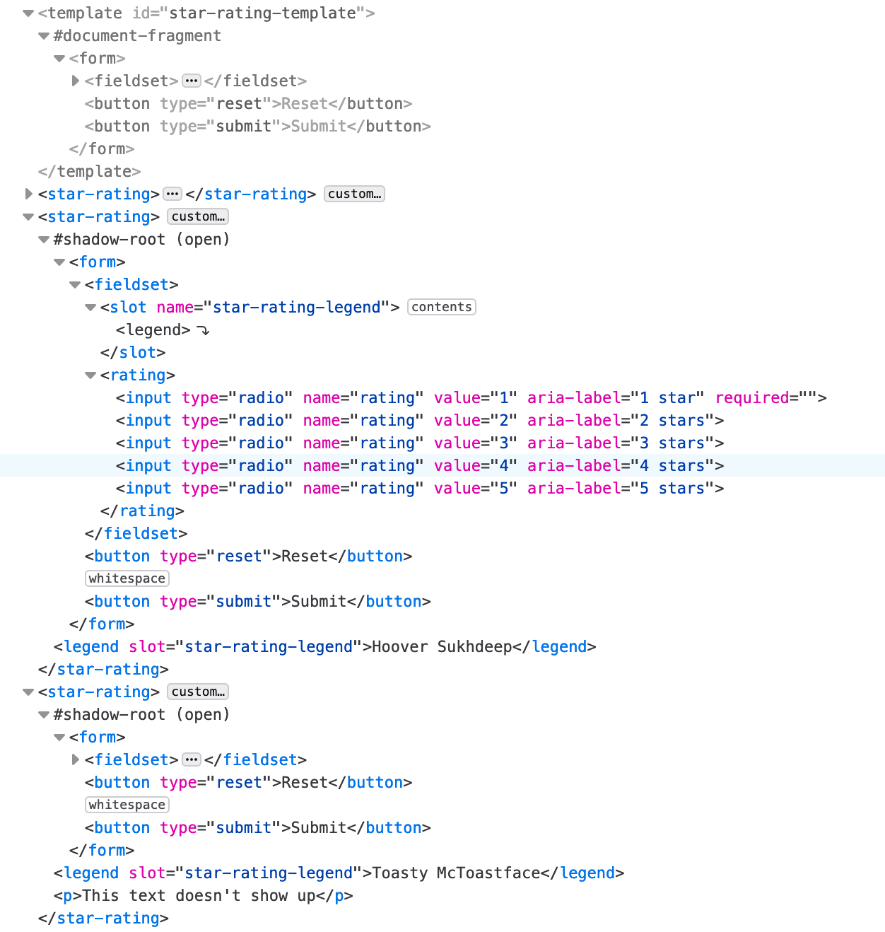 DevTools screenshot showing the cloned template contents in each custom element.