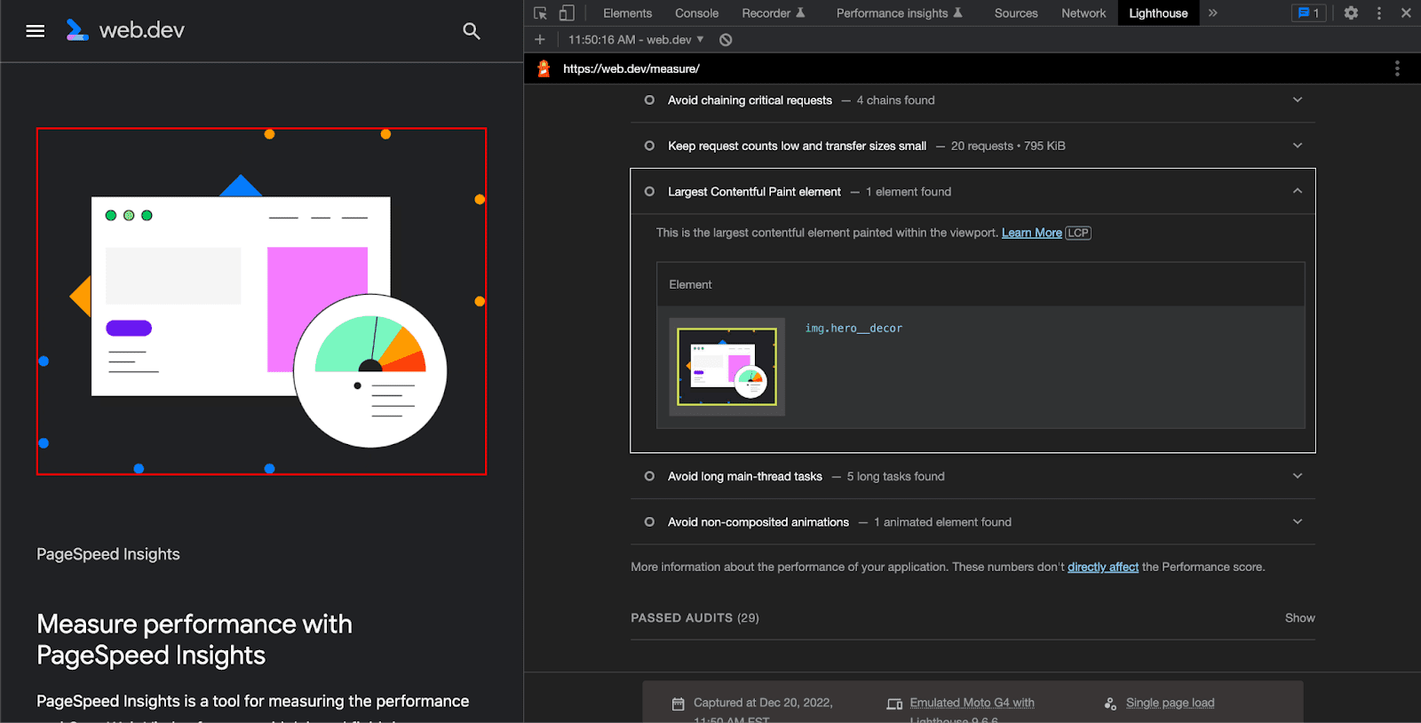 LCP highlighted in the console of a web.dev page