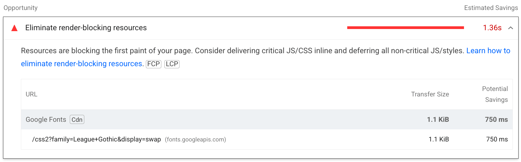 A screenshot of Lighthouse's audit for eliminating render-blocking resources. The audit shows the resource(s) that block rendering, and the amount of time they block for.