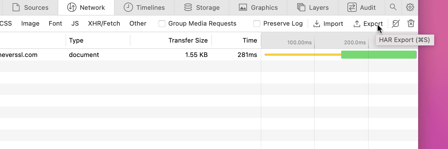 Safari Web Inspector 中的“Network”面板,其中突出显示了 HAR 导出选项。