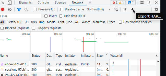 Chrome DevTools 的 Network 面板,其中突出显示了“Download HAR”符号。