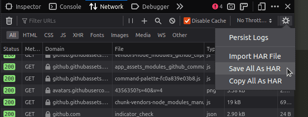 Firefox 开发者工具网络面板,其中突出显示了“全部另存为”选项。