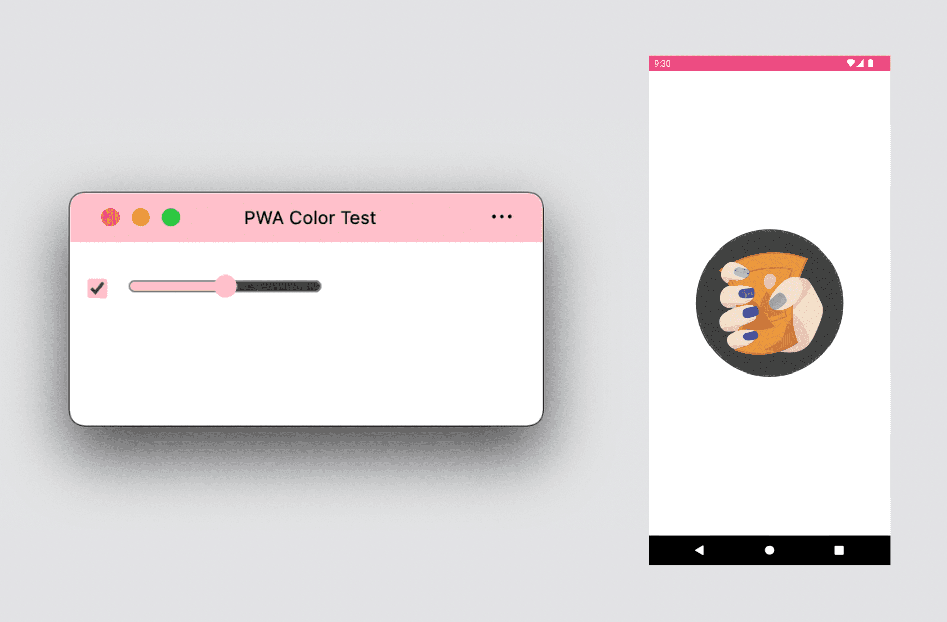 PWA desktop yang menampilkan warna tema dan aksen, serta layar pembuka PWA Android yang menampilkan warna tema dan latar belakang.