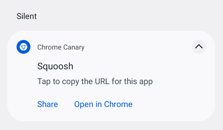 Notifikasi Android yang dirender oleh Chrome menampilkan beberapa tindakan di PWA yang aktif saat ini.