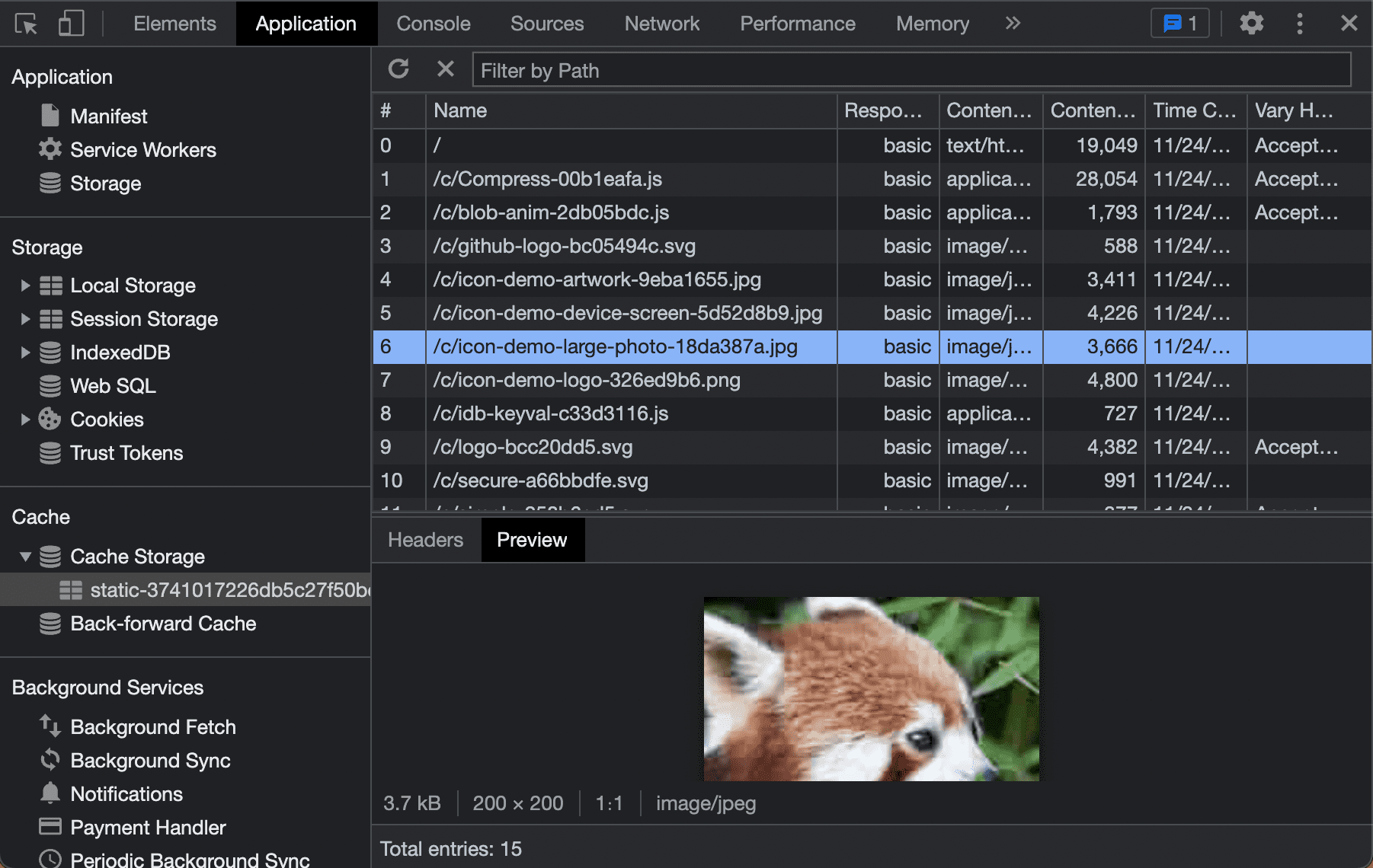 Chrome DevTools debugging Cache Storage contents.