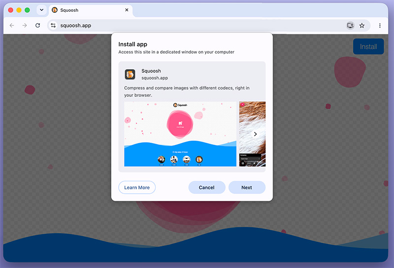 Chrome on desktop with the install badge in the URL bar.