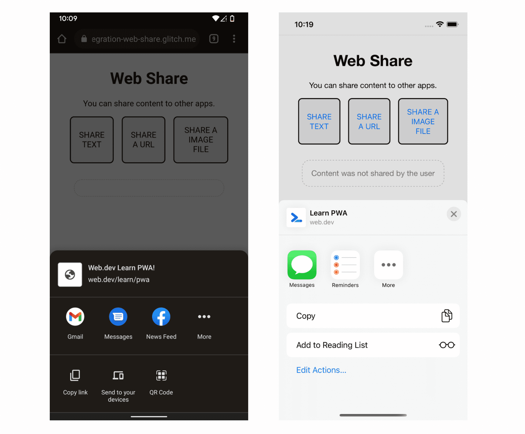 웹 공유 덕분에 Android의 Chrome과 iOS의 Safari에서 공유 시트를 여는 모습.