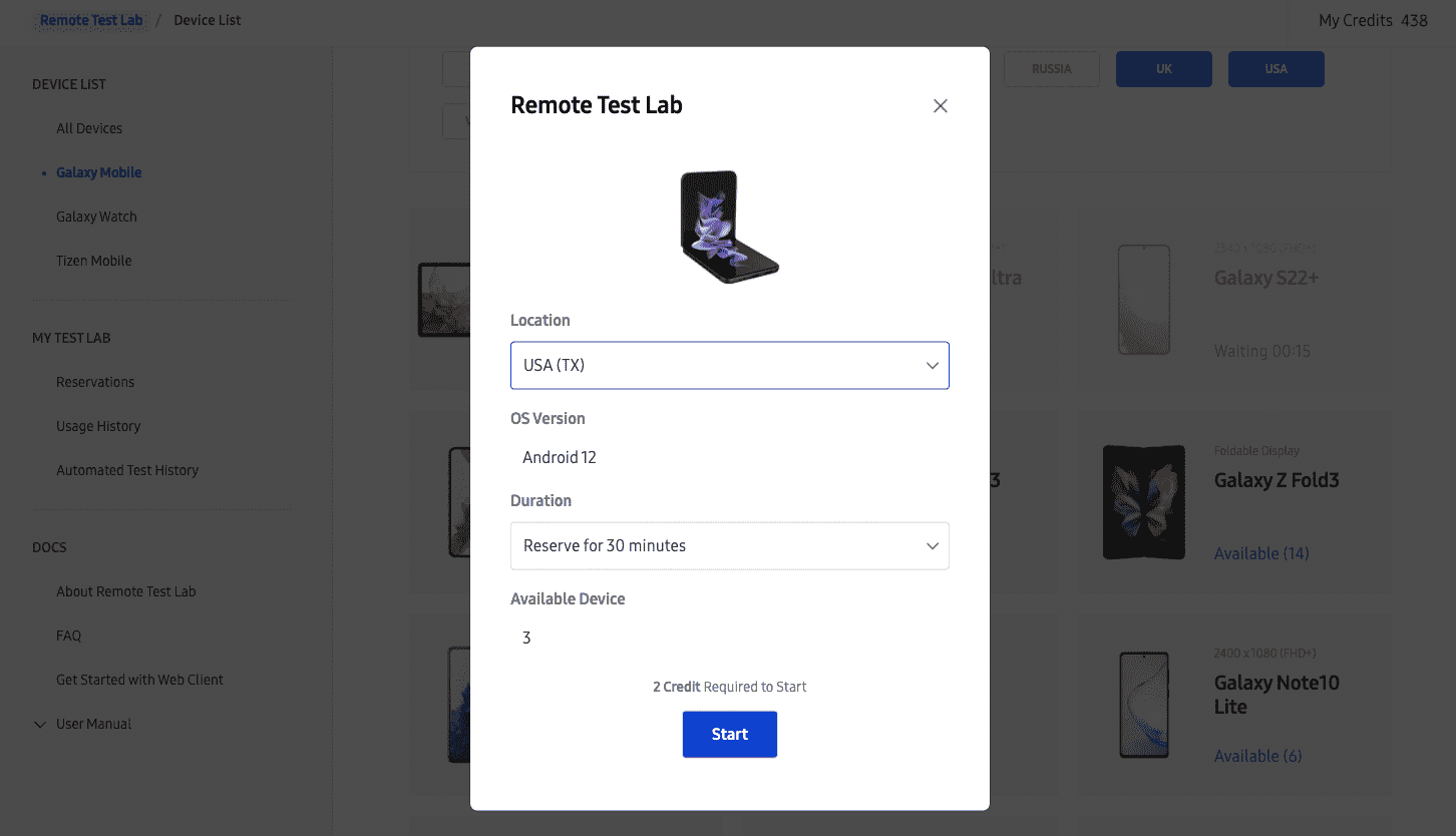 Test Lab jarak jauh dari Samsung dengan ponsel foldable.