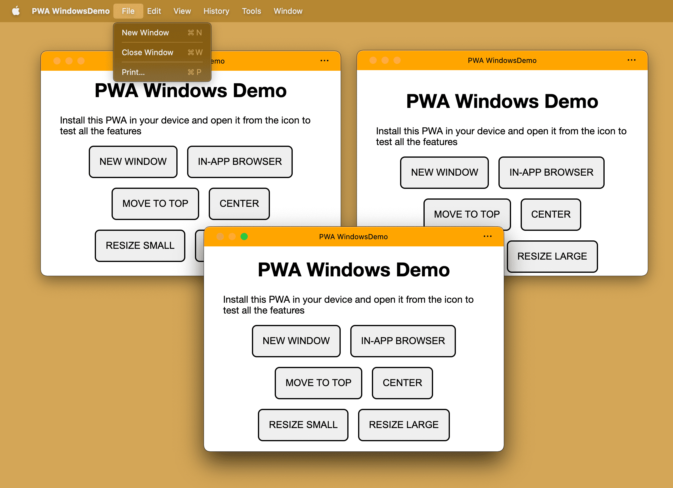 PWA yang diinstal sama dengan beberapa jendela yang dibuka di sistem operasi desktop.